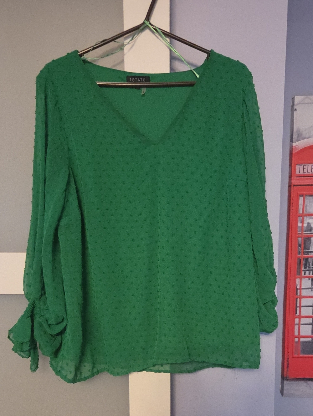 1. STATE Kelly Green Textured V-Neck Blouse with Long Puff Sleeves